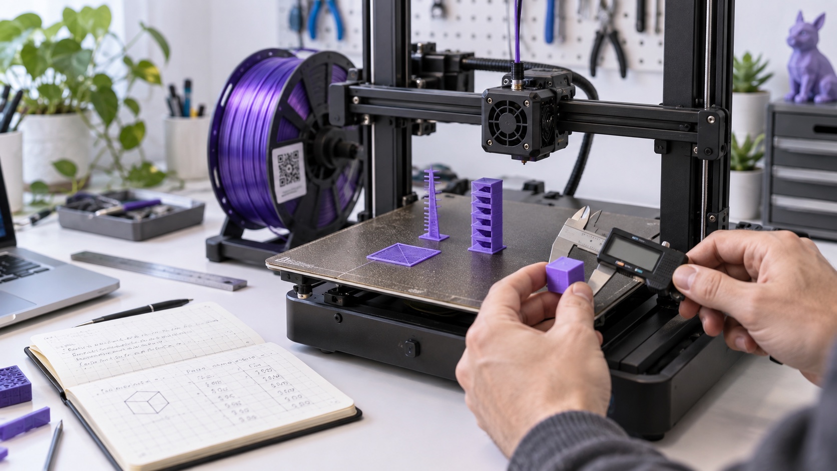 Hands use digital calipers to measure a violet calibration cube beside a 3D printer, filament spool, and test towers.
